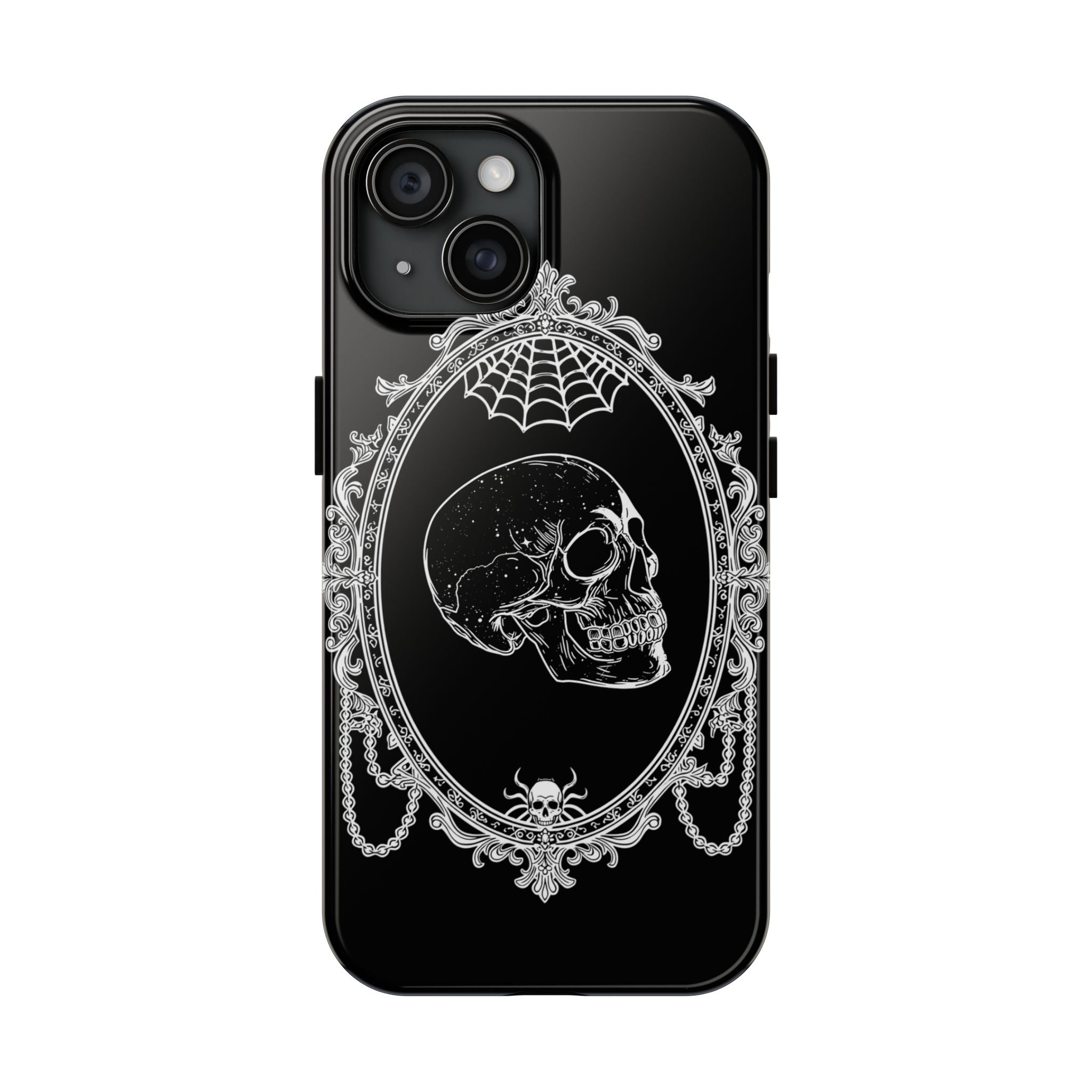 Gothic Skull Mirror Tough Phone Case – Vintage Spiderweb & Beaded Frame