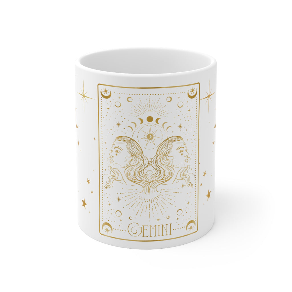 Gemini Zodiac Coffee Mug — Gold Celestial Ceramic 11oz