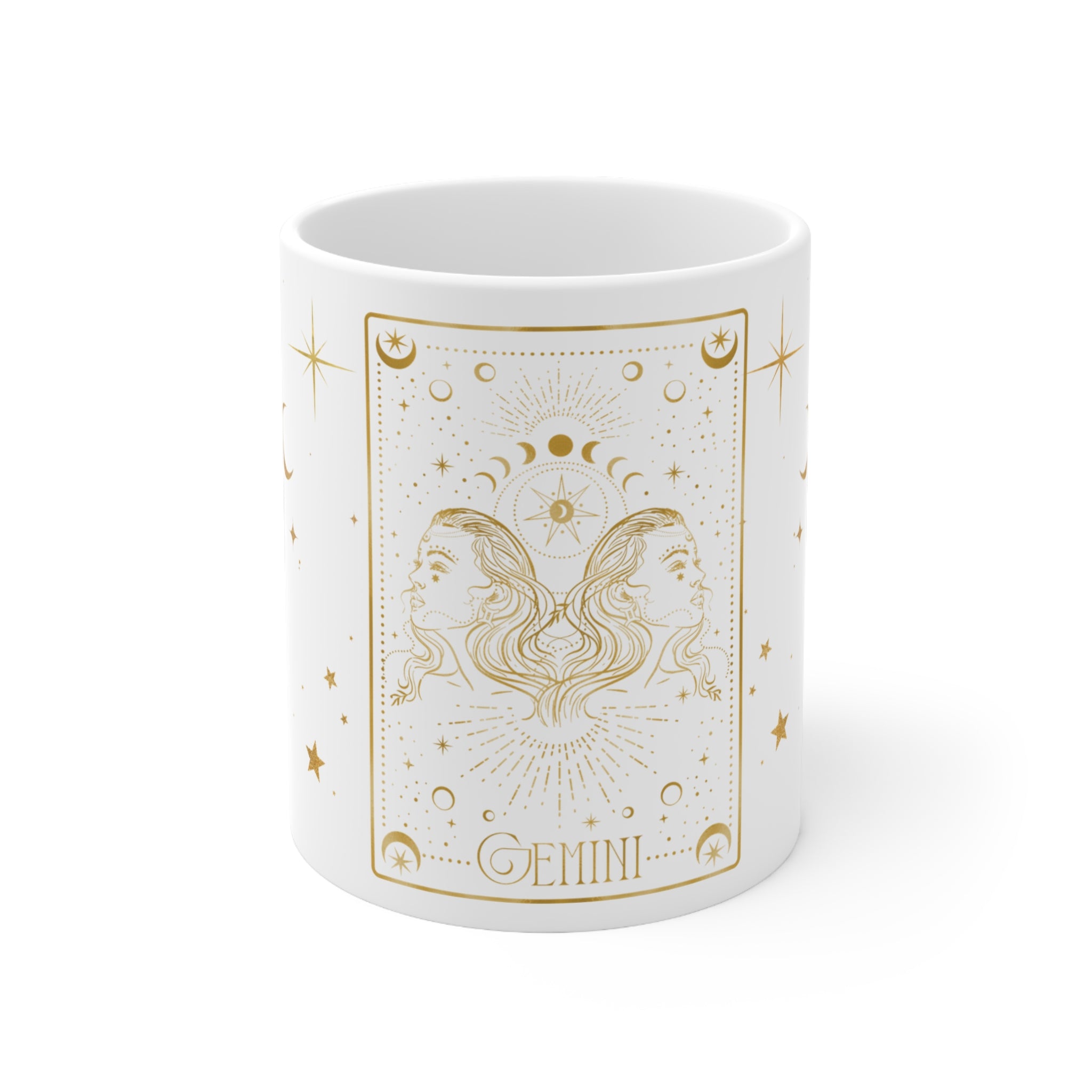Gemini Zodiac Coffee Mug — Gold Celestial Ceramic 11oz