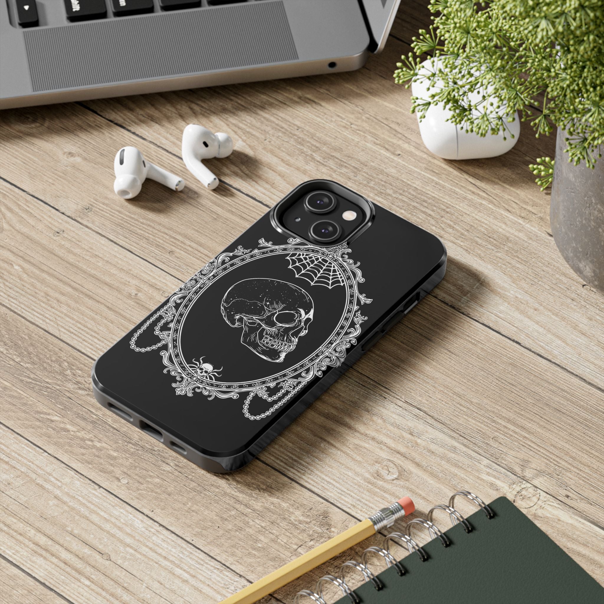 Gothic Skull Mirror Tough Phone Case – Vintage Spiderweb & Beaded Frame