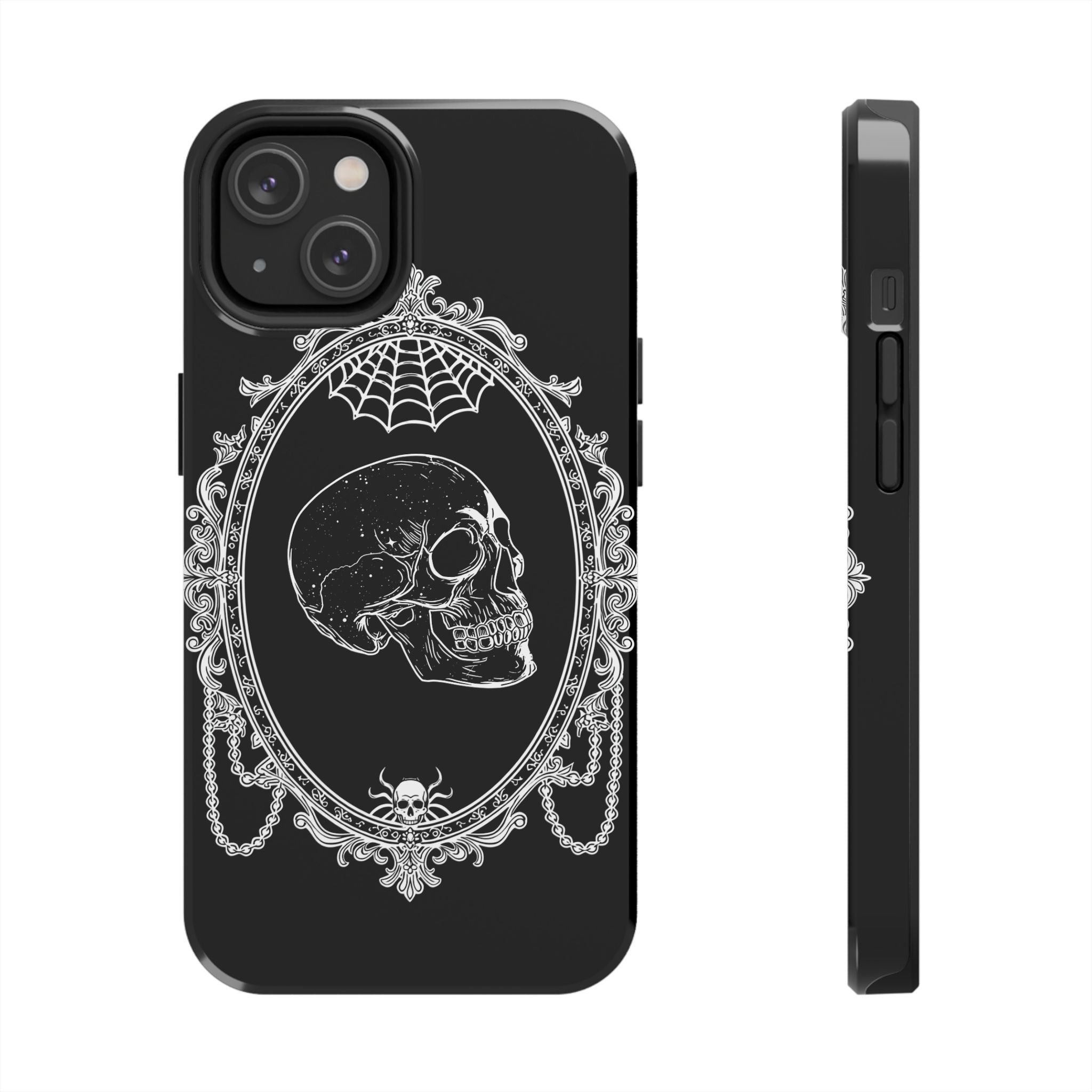 Gothic Skull Mirror Tough Phone Case – Vintage Spiderweb & Beaded Frame