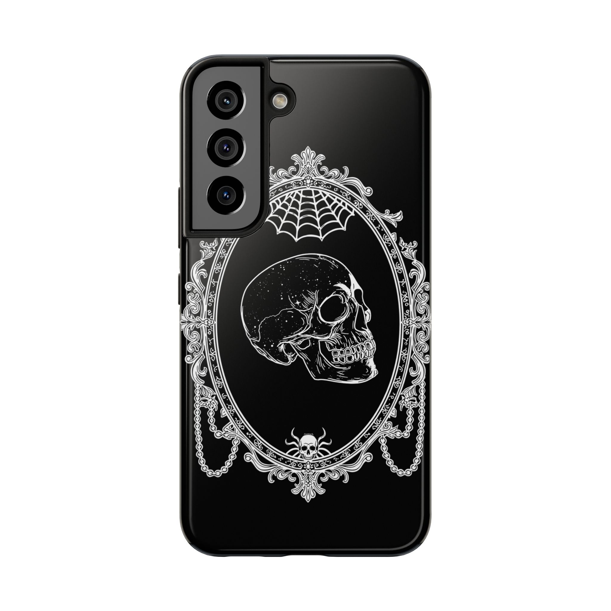 Gothic Skull Mirror Tough Phone Case – Vintage Spiderweb & Beaded Frame