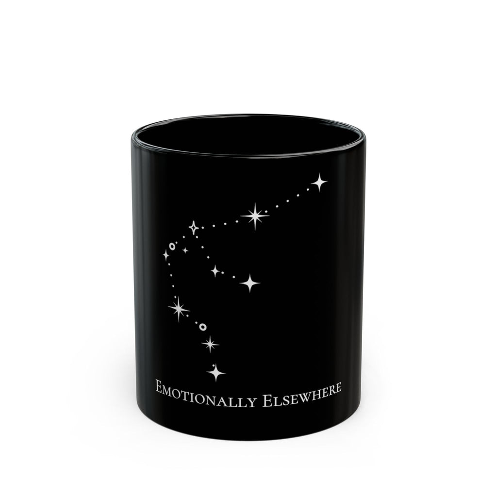 Aquarius Emotionally Elsewhere Constellation Mug — Black Ceramic Coffee Cup