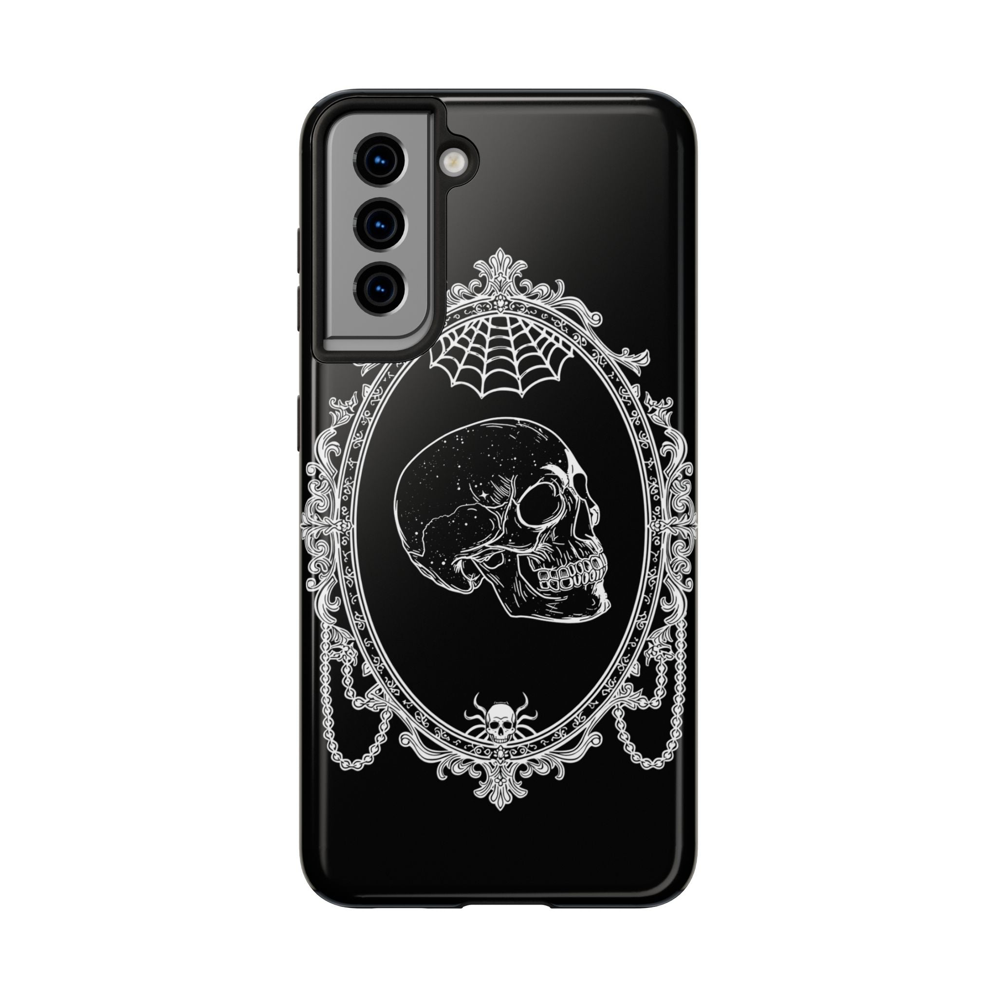 Gothic Skull Mirror Tough Phone Case – Vintage Spiderweb & Beaded Frame