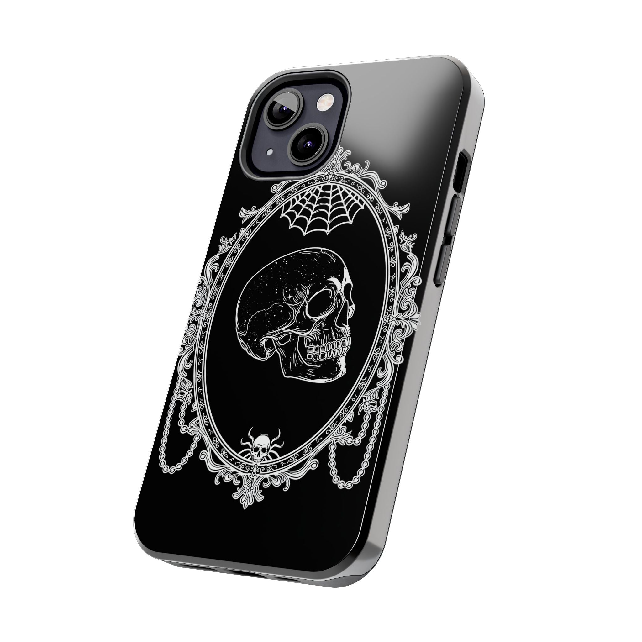 Gothic Skull Mirror Tough Phone Case – Vintage Spiderweb & Beaded Frame