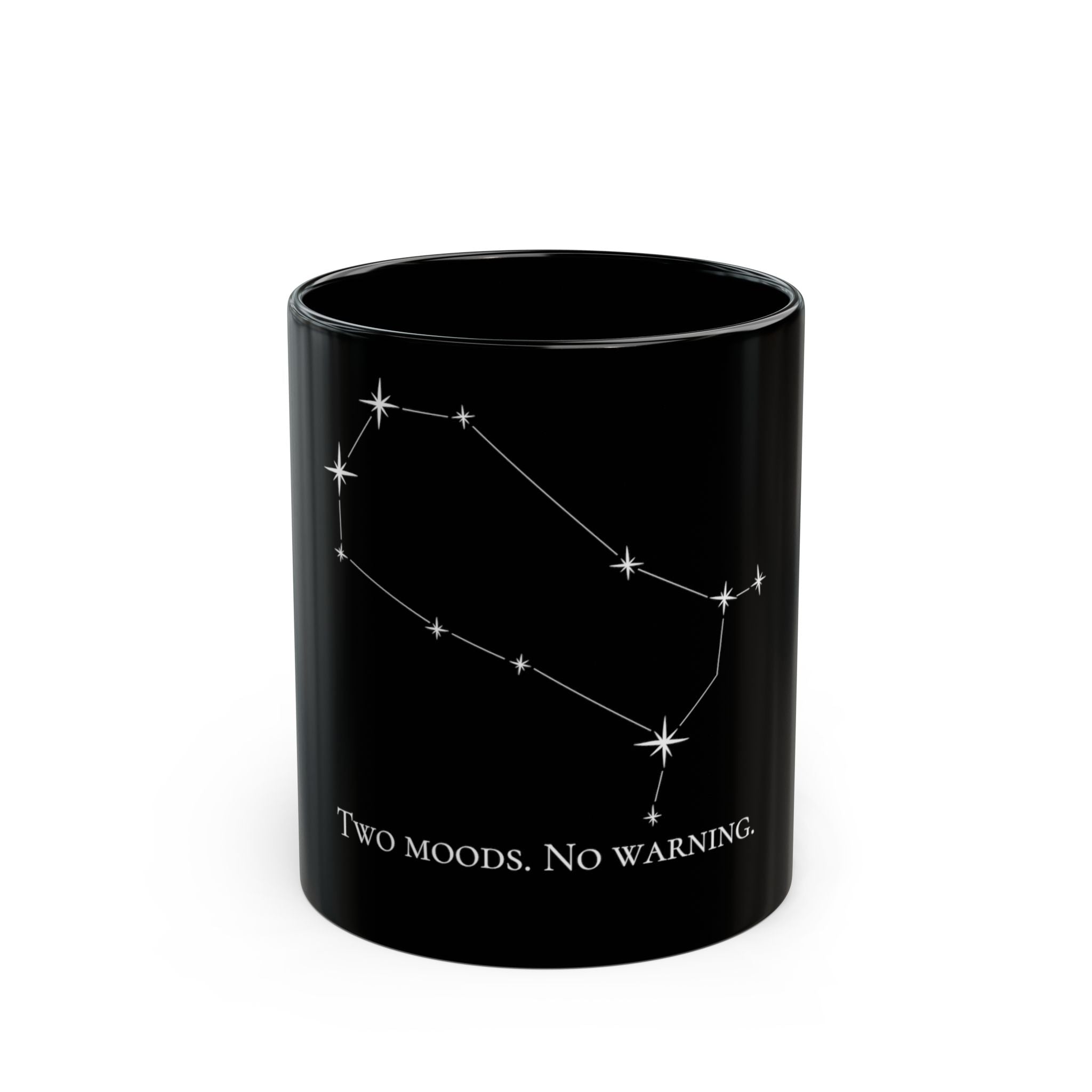 Gemini Black Mug — Zodiac Constellation 'Two Moods. No Warning.' Coffee Cup