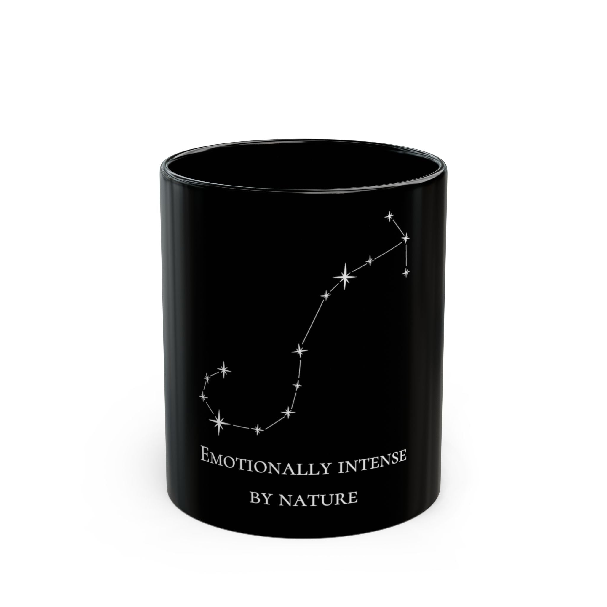 Scorpio Constellation Mug — "Emotionally Intense by Nature" Black Coffee Cup