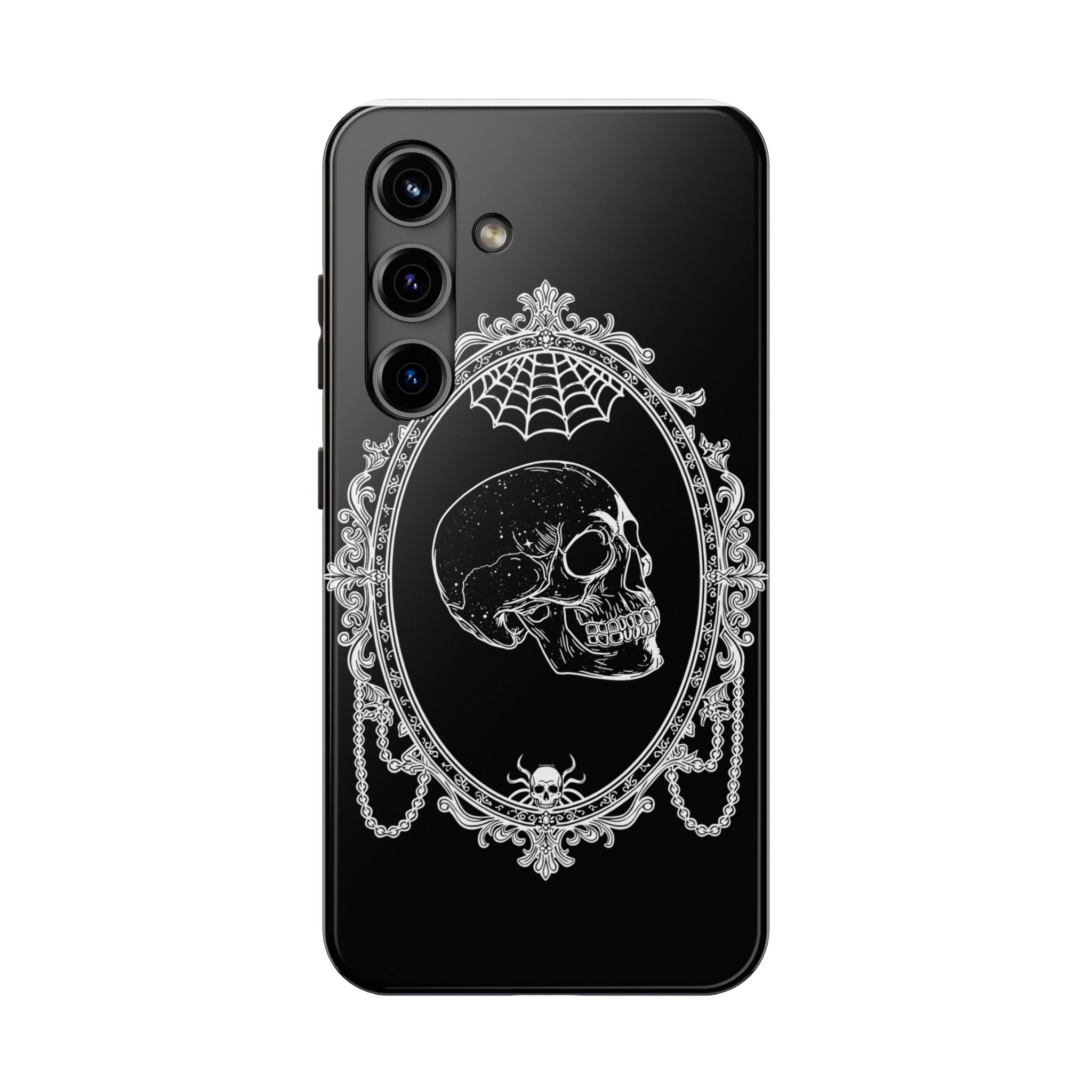 Gothic Skull Mirror Tough Phone Case – Vintage Spiderweb & Beaded Frame