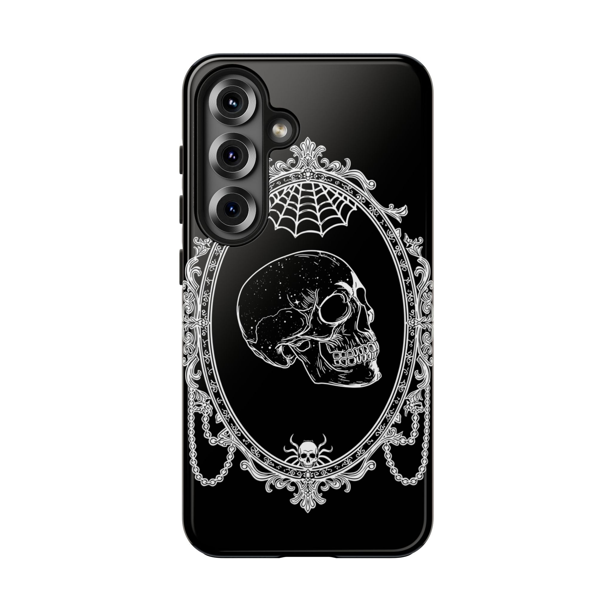 Gothic Skull Mirror Tough Phone Case – Vintage Spiderweb & Beaded Frame