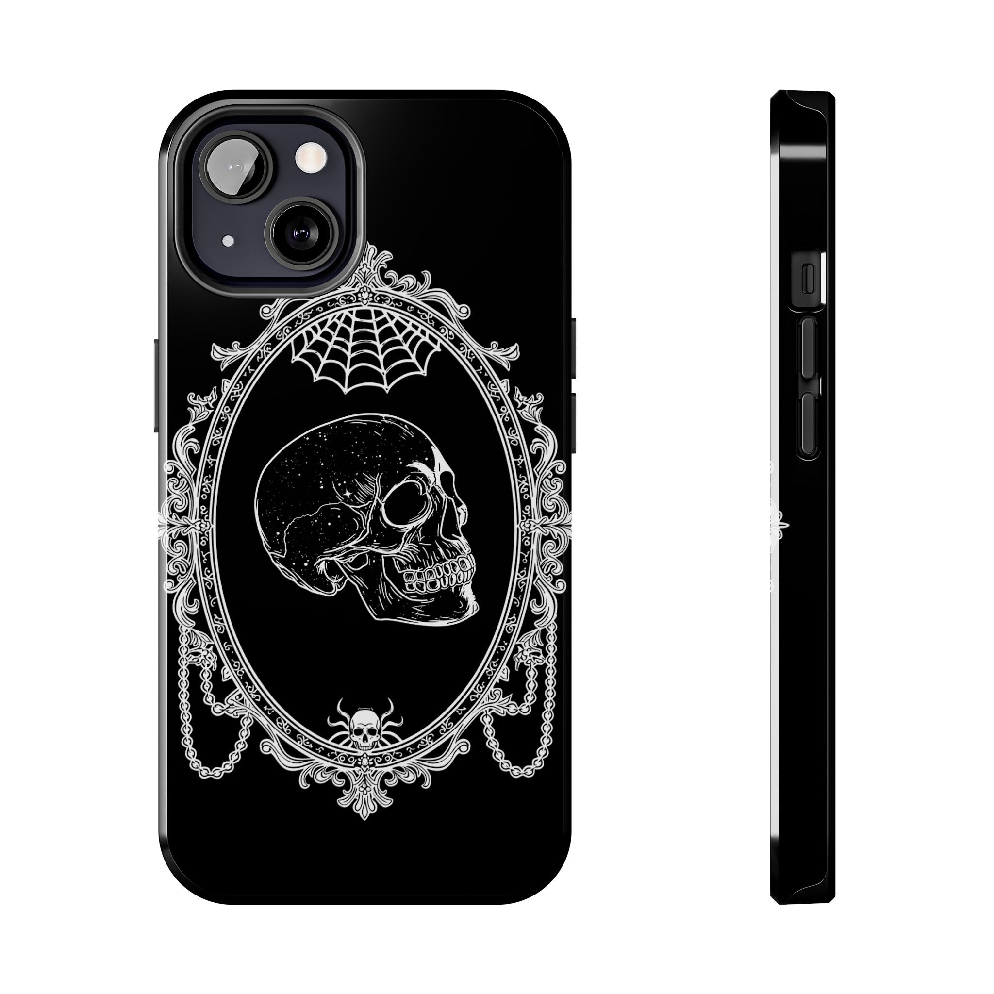 Gothic Skull Mirror Tough Phone Case – Vintage Spiderweb & Beaded Frame
