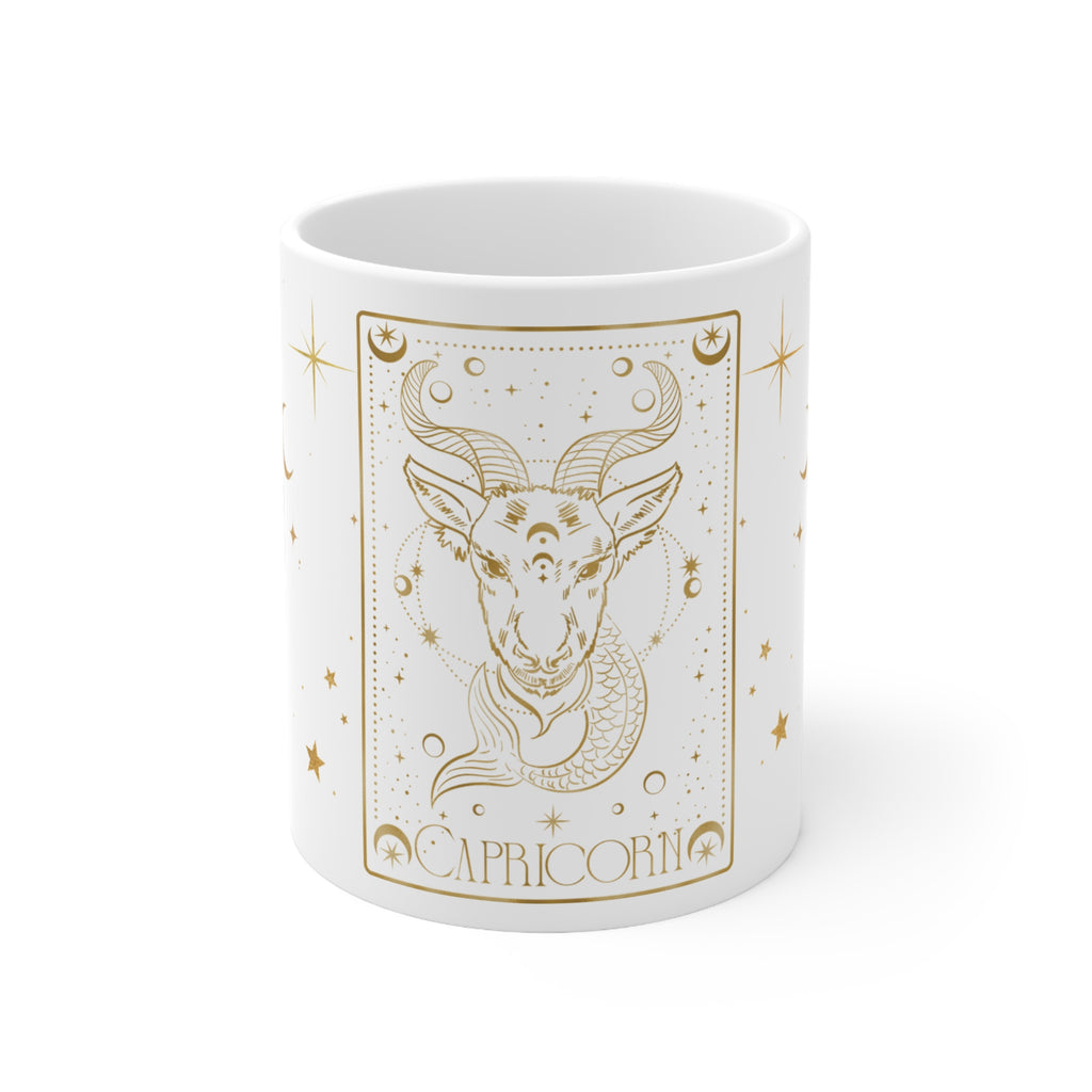 Capricorn Zodiac Mug — Gold Celestial Ceramic Coffee Cup (11 oz)