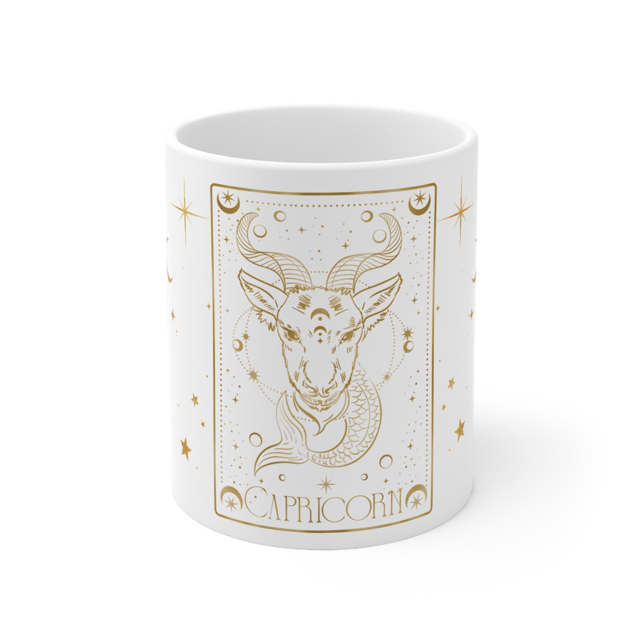 Capricorn Zodiac Mug — Gold Celestial Ceramic Coffee Cup (11 oz)