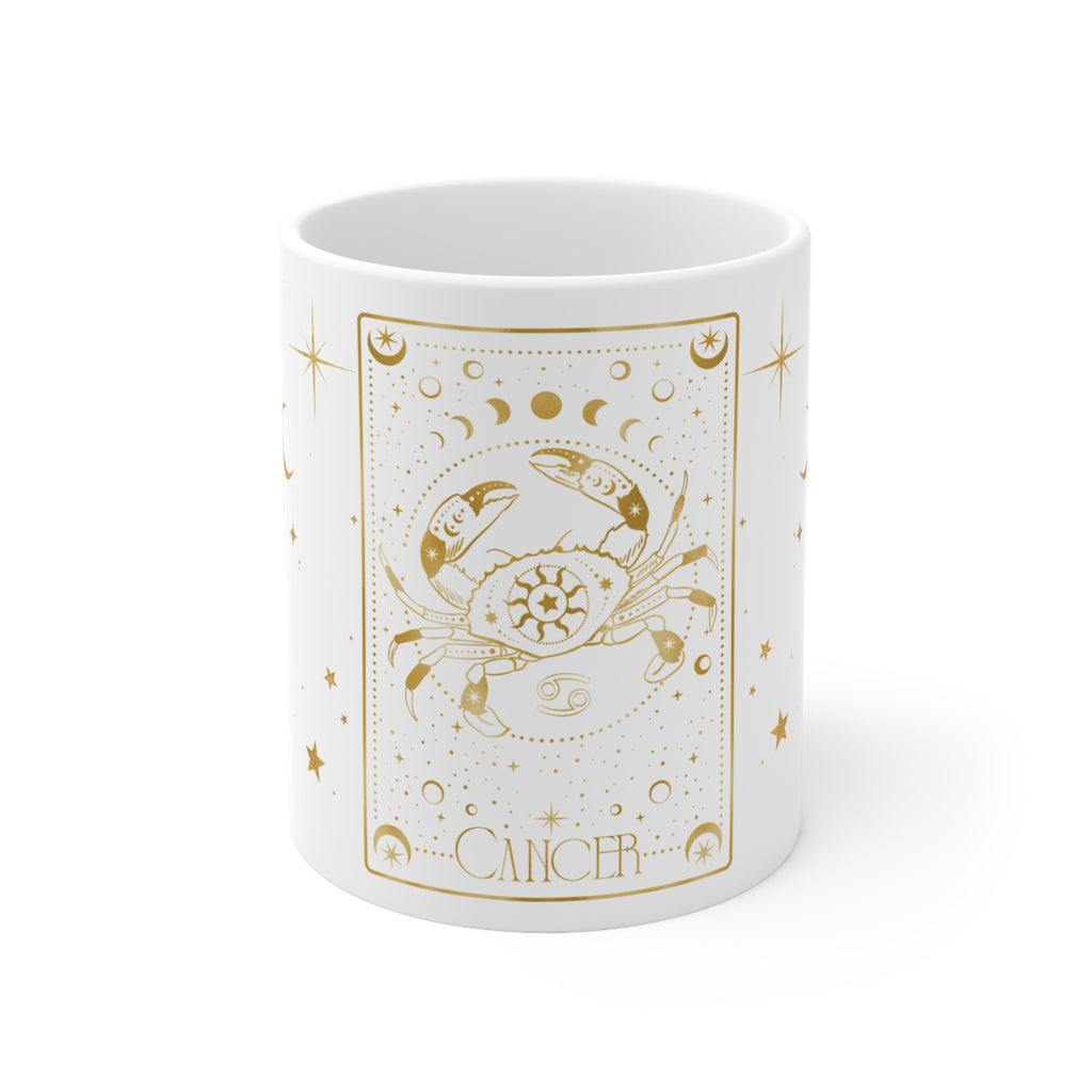 Cancer Zodiac Mug — Gold Celestial Tarot Crab Design, Astrology Coffee Cup (11 oz)