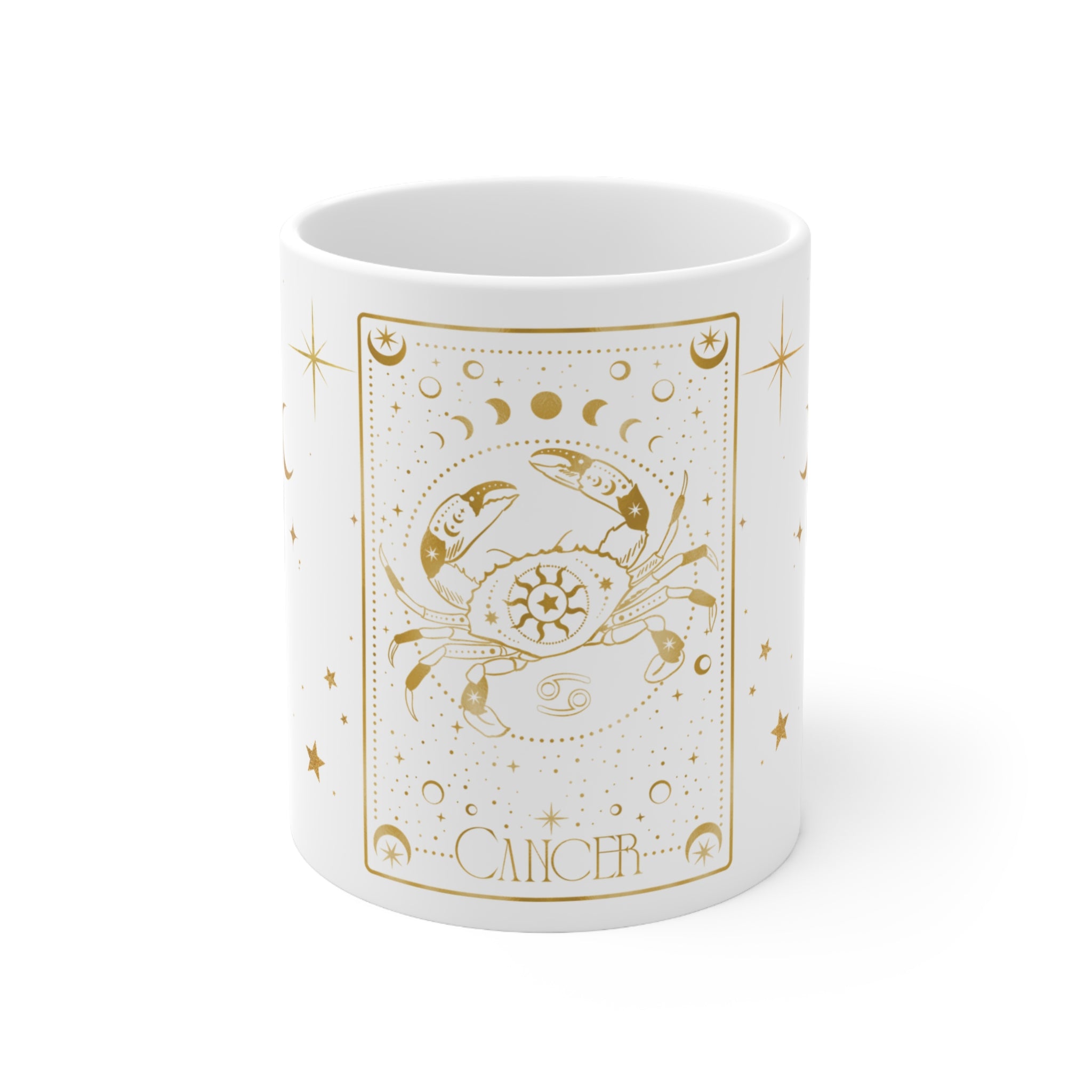 Cancer Zodiac Mug — Gold Celestial Tarot Crab Design, Astrology Coffee Cup (11 oz)