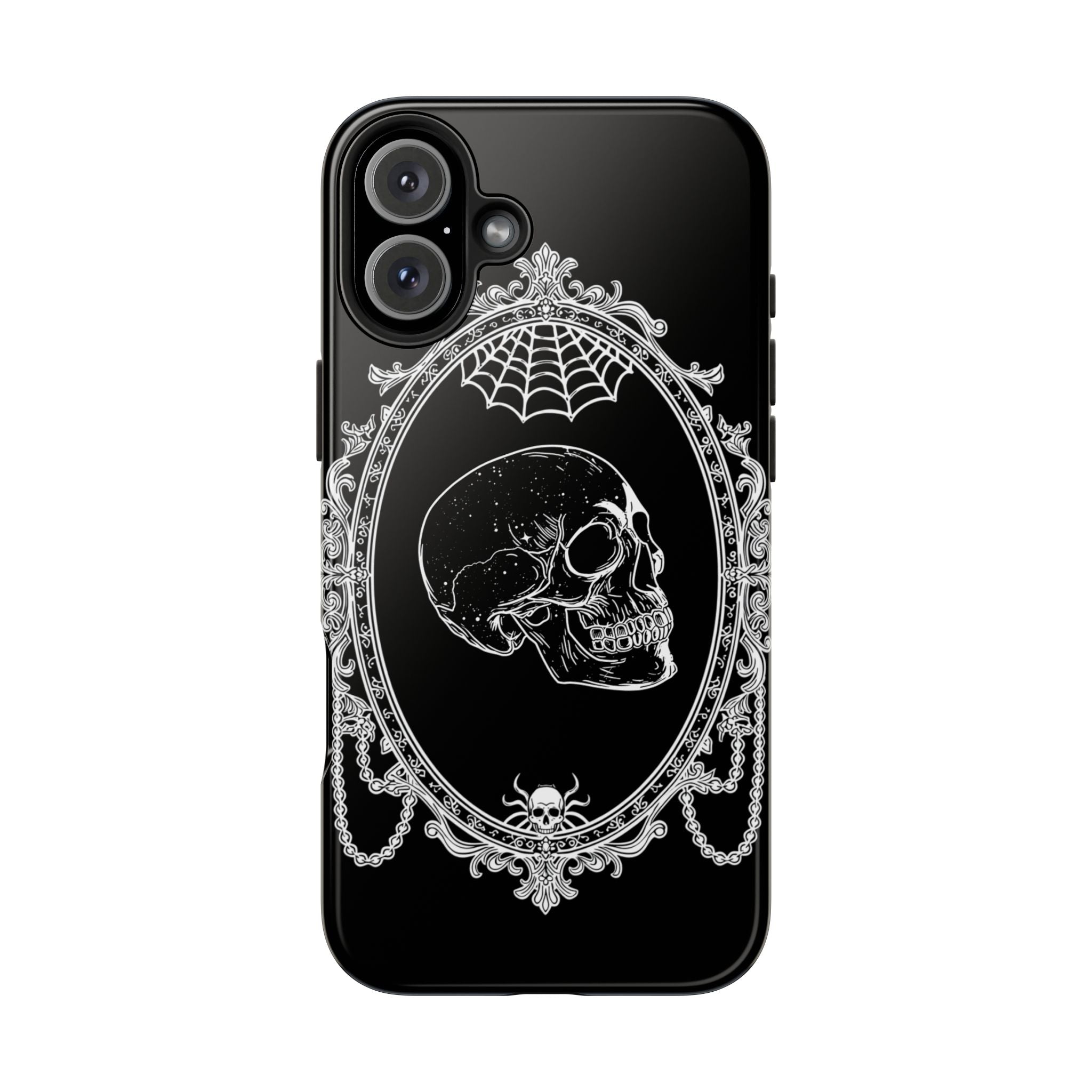 Gothic Skull Mirror Tough Phone Case – Vintage Spiderweb & Beaded Frame