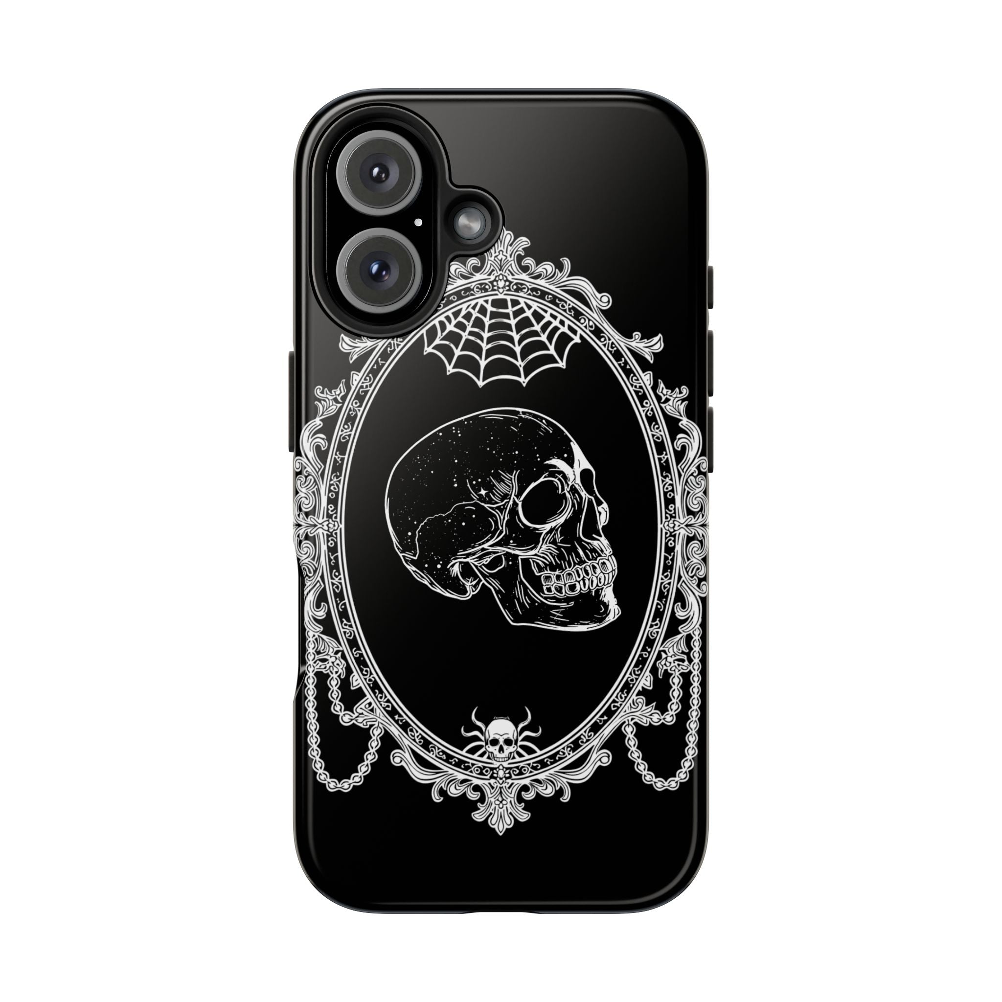 Gothic Skull Mirror Tough Phone Case – Vintage Spiderweb & Beaded Frame