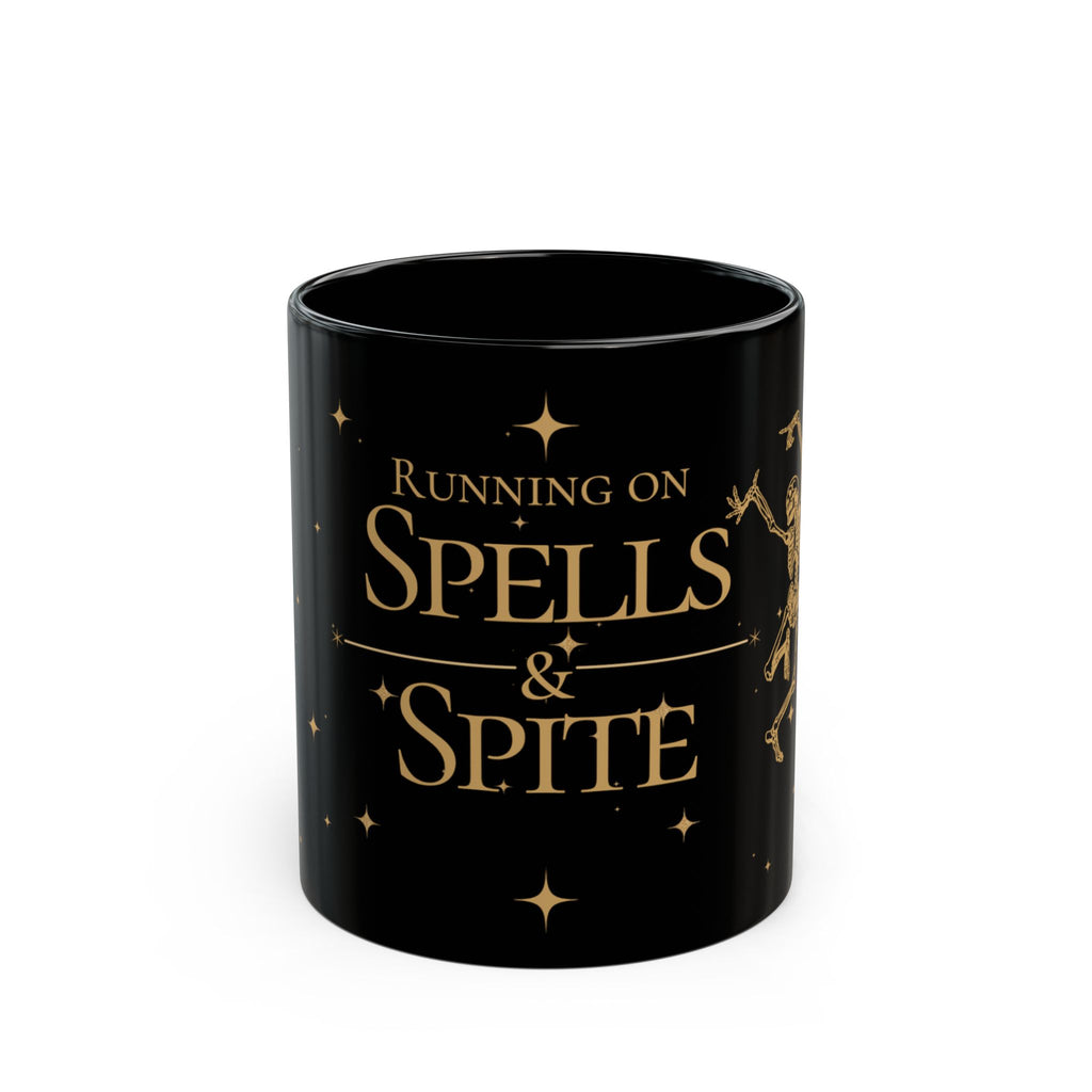 Running on Spells & Spite Black Mug — Witchy Coffee Mug (11oz/15oz)
