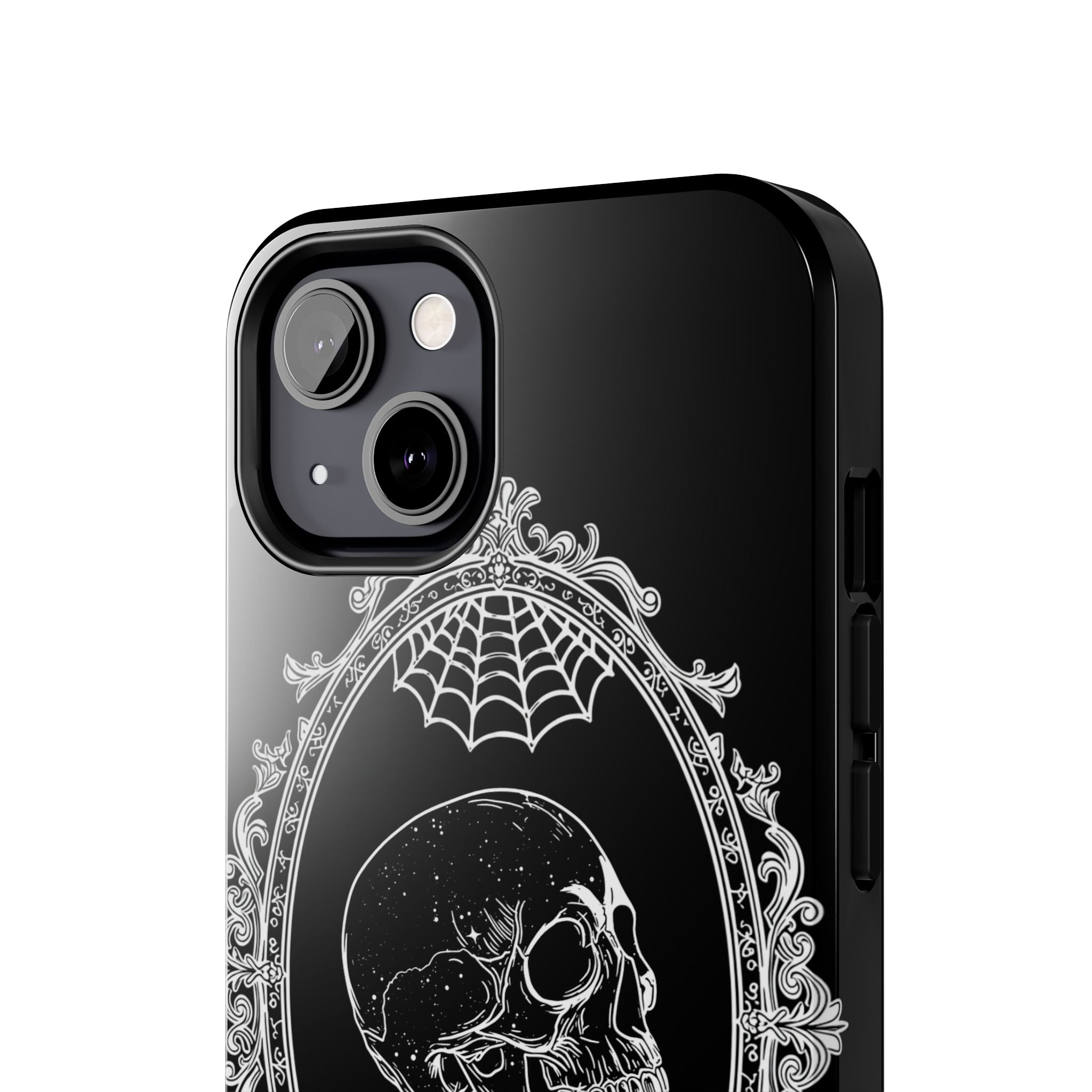 Gothic Skull Mirror Tough Phone Case – Vintage Spiderweb & Beaded Frame
