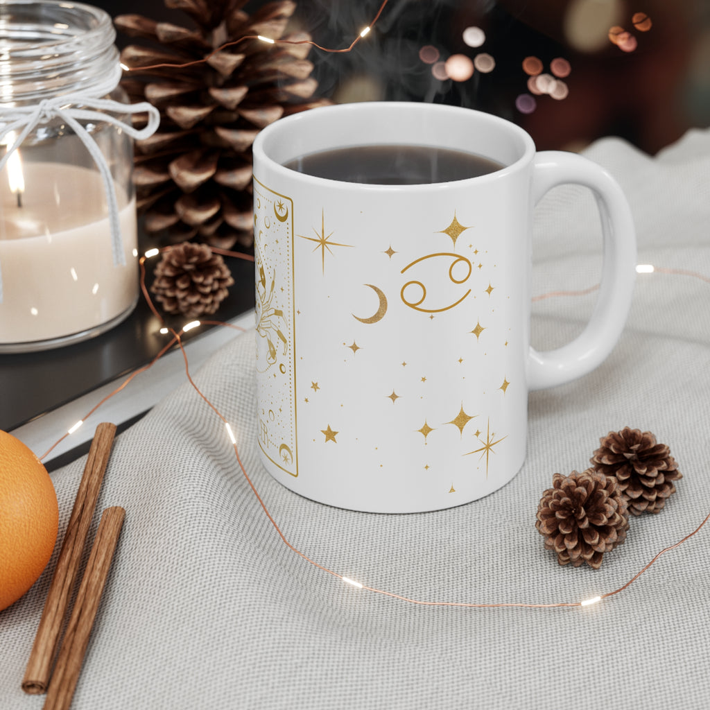 Cancer Zodiac Mug — Gold Celestial Tarot Crab Design, Astrology Coffee Cup (11 oz)
