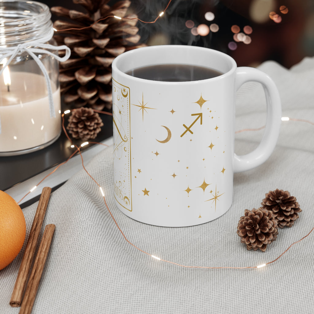 Sagittarius Zodiac Mug — Gold Archer Astrology Ceramic Coffee Cup (11oz)