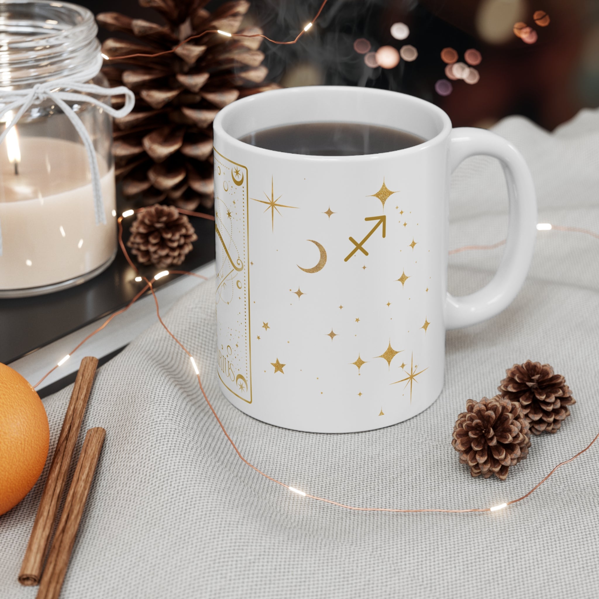 Sagittarius Zodiac Mug — Gold Archer Astrology Ceramic Coffee Cup (11oz)