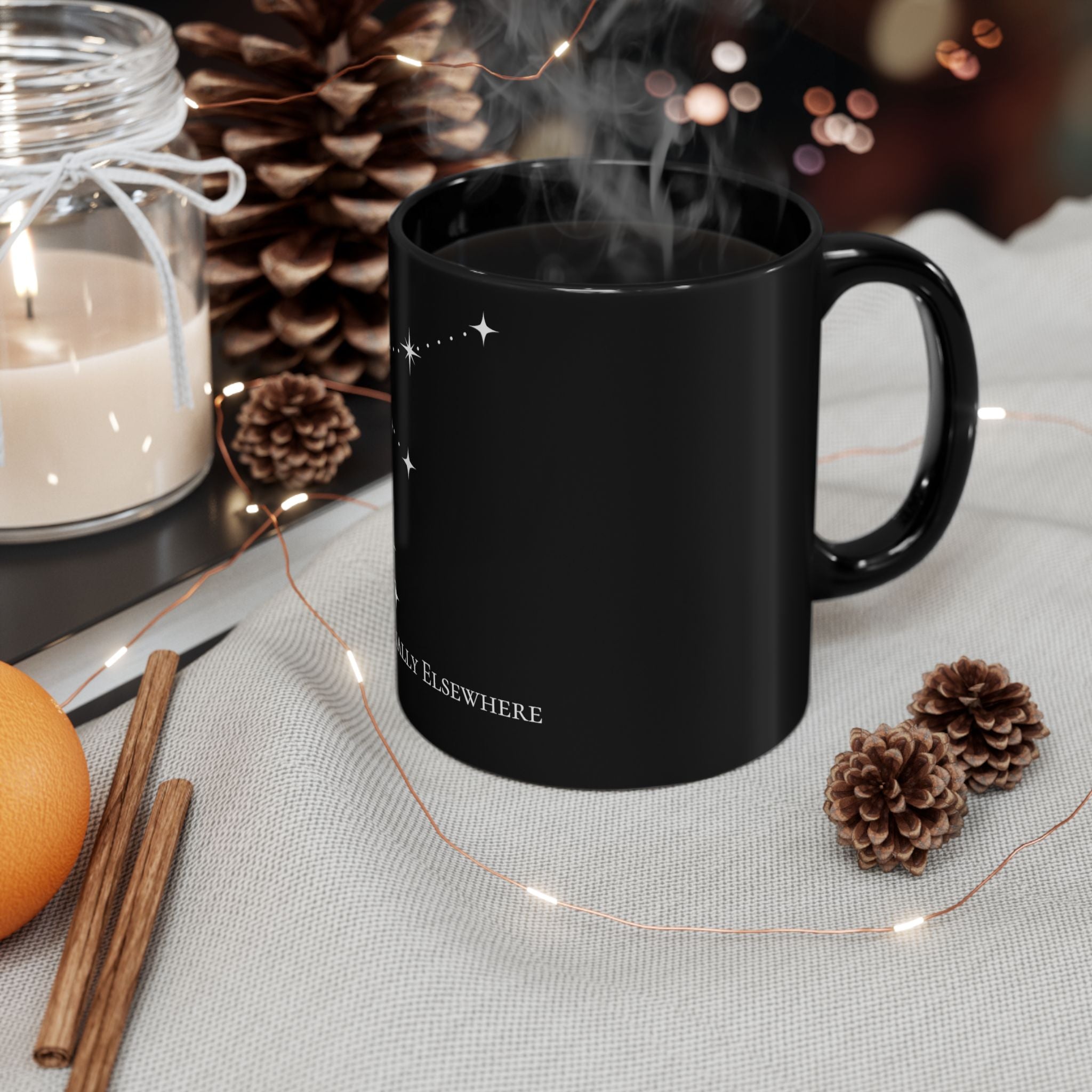 Aquarius Emotionally Elsewhere Constellation Mug — Black Ceramic Coffee Cup