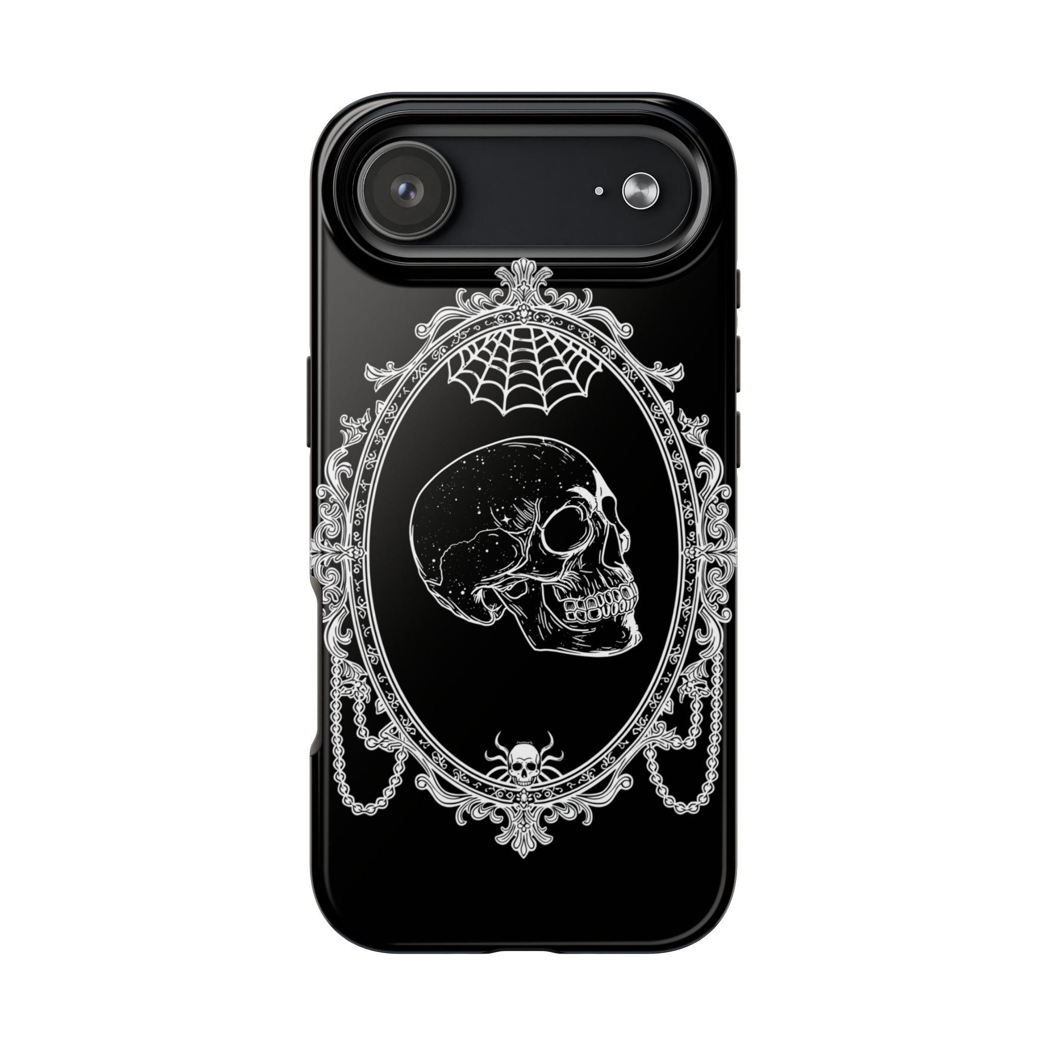 Gothic Skull Mirror Tough Phone Case – Vintage Spiderweb & Beaded Frame