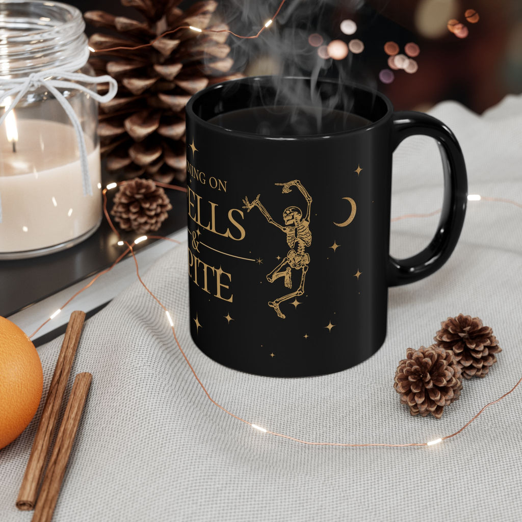 Running on Spells & Spite Black Mug — Witchy Coffee Mug (11oz/15oz)