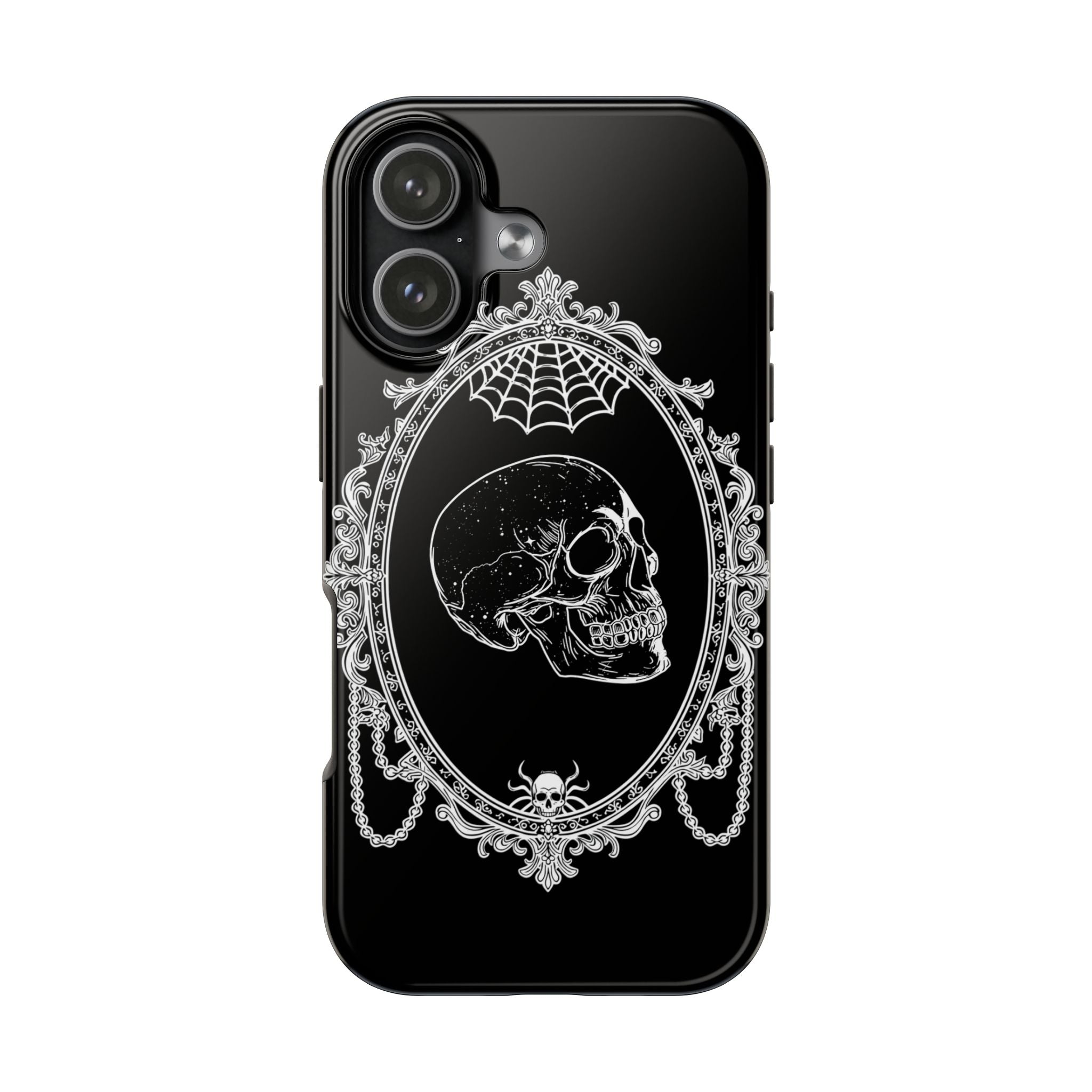 Gothic Skull Mirror Tough Phone Case – Vintage Spiderweb & Beaded Frame