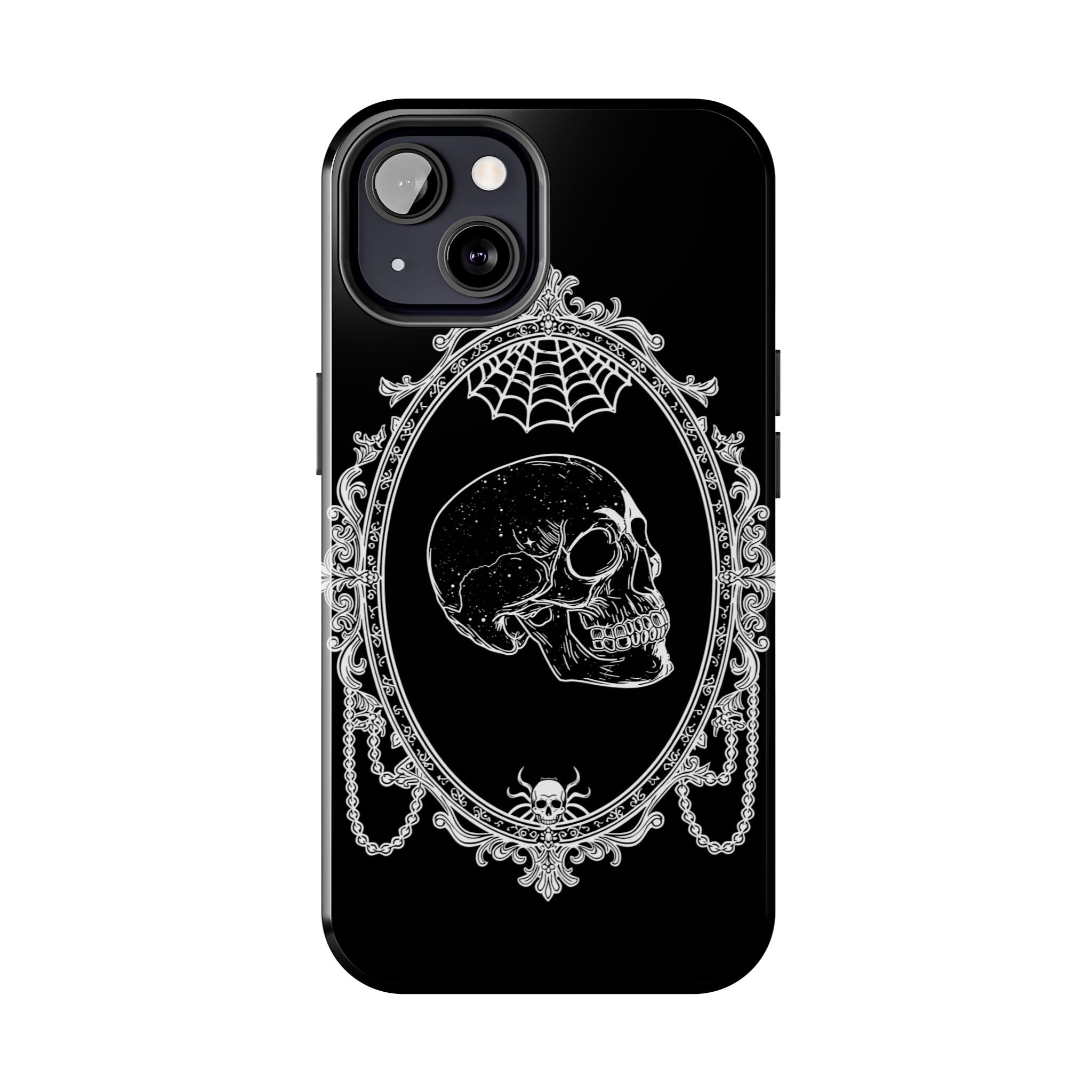 Gothic Skull Mirror Tough Phone Case – Vintage Spiderweb & Beaded Frame