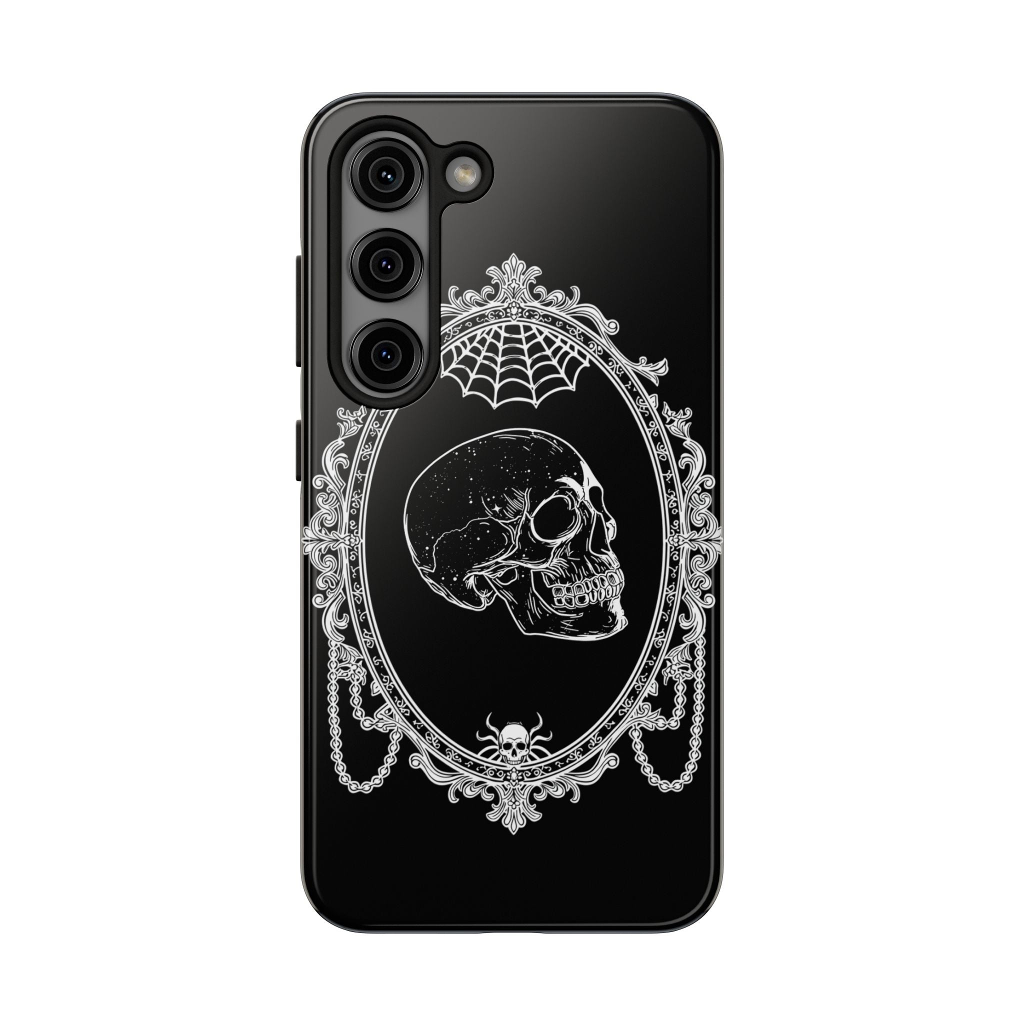 Gothic Skull Mirror Tough Phone Case – Vintage Spiderweb & Beaded Frame