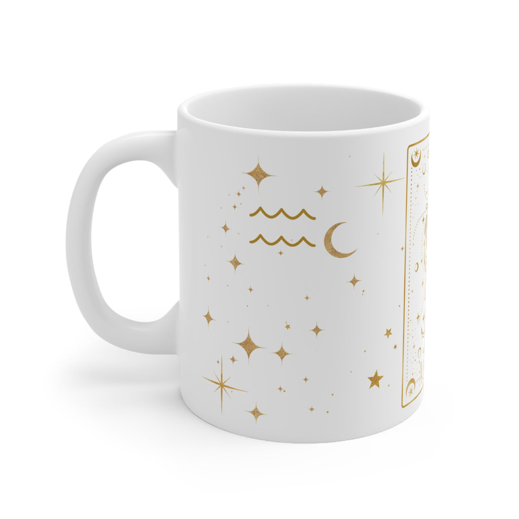 Aquarius Zodiac Mug - Gold Celestial Horoscope Ceramic Coffee Cup, 11oz