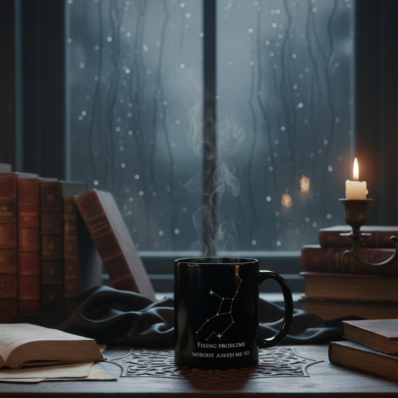 Virgo Constellation Mug — "Fixing Problems Nobody Asked Me To" Ceramic Coffee Cup